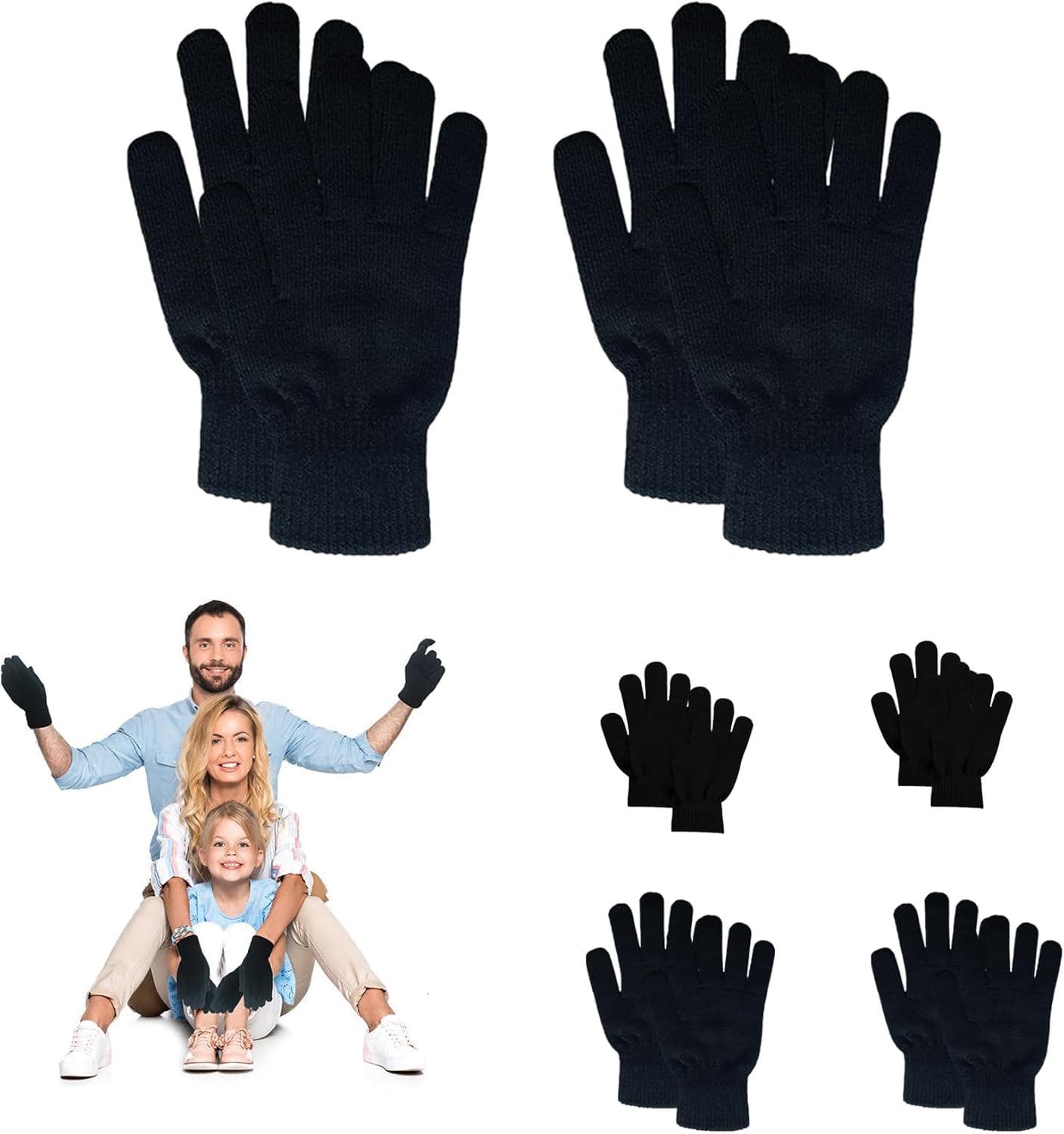 6 Pairs Black Winter Magic Gloves Winter Gloves Stretchy Full Fingers Knitted Gloves, Gloves for Women and Gloves for Men and Gloves for Kids, Each Size L, M, S, Has 2 Pairs – Ideal for a Family of Three