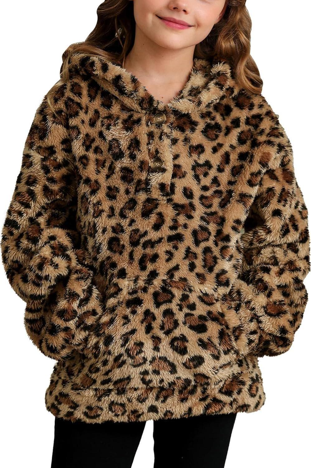 BesserBay Girls Fuzzy Fleece Sherpa Hooded Cable Knit Pullover Button Down Sweatshirt with Pockets 5-14 Years