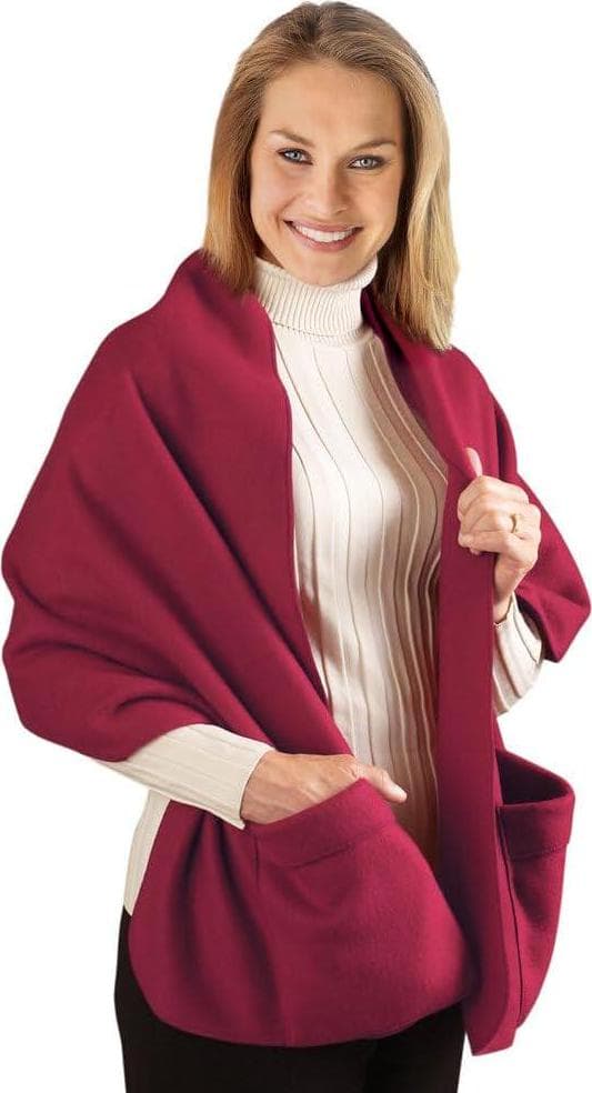 Collections Etc Cozy Fleece Wrap Shawl with Large Front Pockets – Keeps Hands and Shoulders Warm During Cold Winter Season