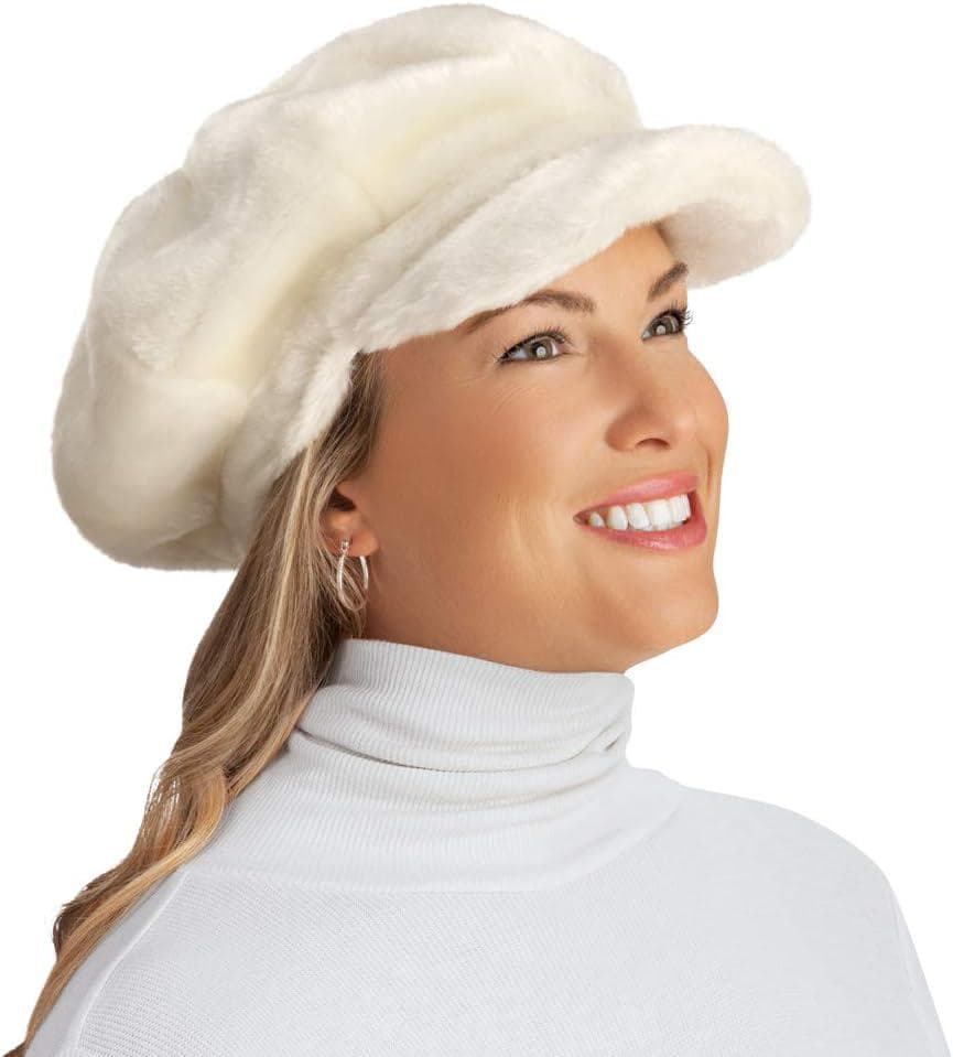 Collections Etc Faux Fur Newsboy Winter Hat, Stylish Plush Cap
