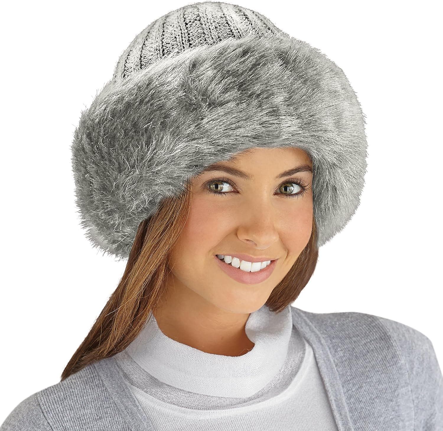 Collections Etc Faux Fur Trimmed Winter Fashion Hat Light Grey NO Size