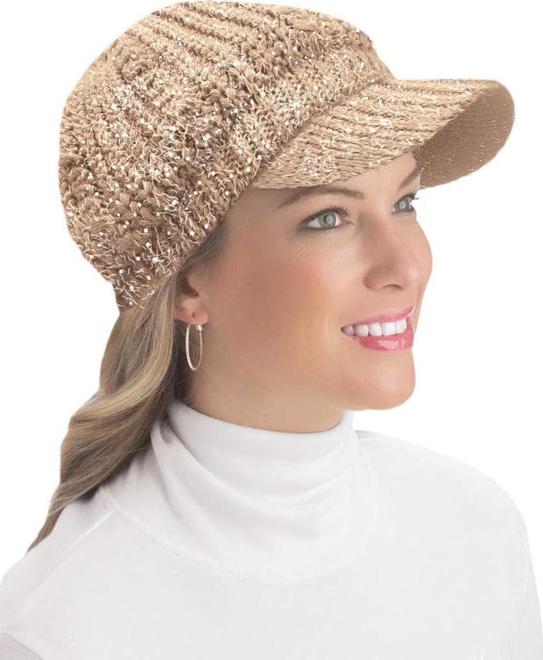 Collections Etc Lurex Cable Knit Beanie Hat with Visor Brim – Stylish Winter Accessories for Warmth