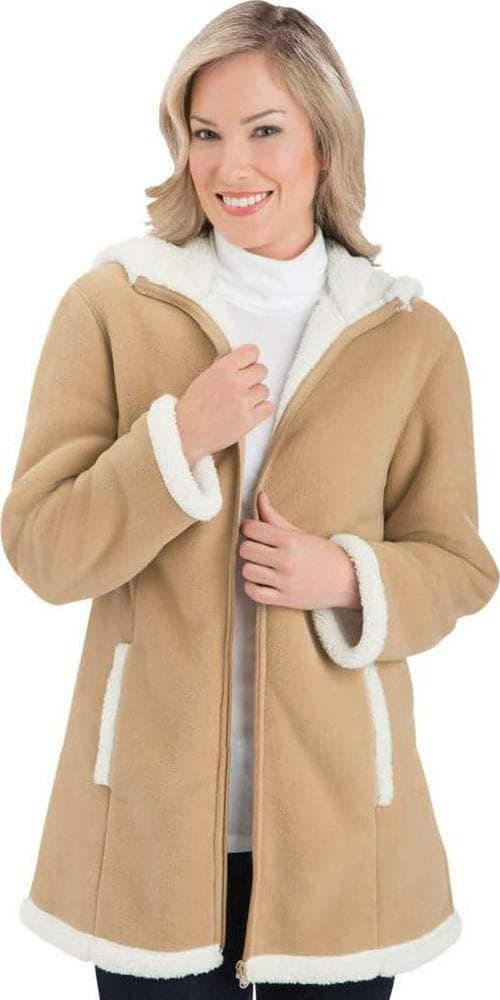 Collections Etc Women’s Polar Fleece Sherpa Lined Zip Up Coat BEIGE LARGE
