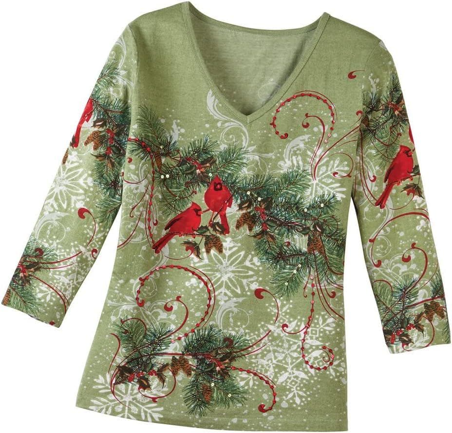 Collections Etc Women’s Winter Snowflake Pine Top SAGE Green Large