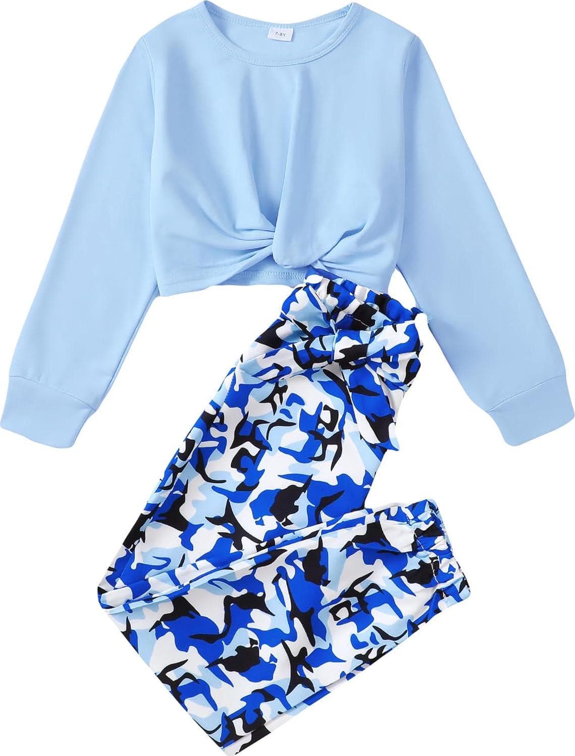 Cute Clothes for Girls Sweatsuit 2 Piece Outfits Kids Twist Front Crop Top Camo Sweatpants Tween Girls Clothing Set