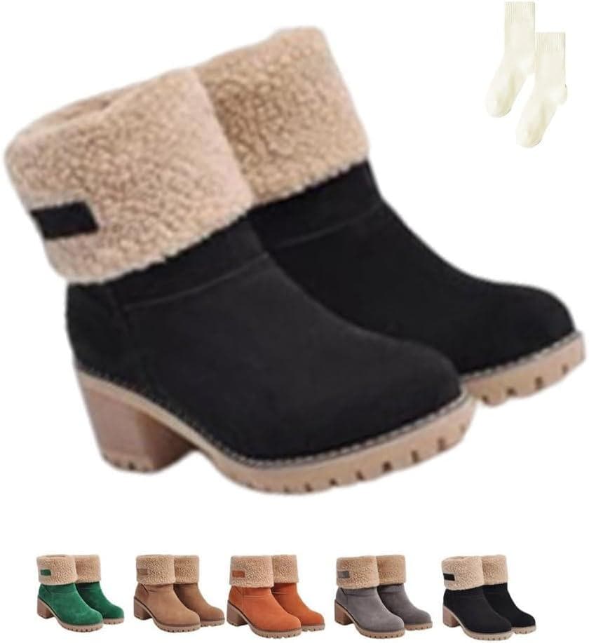 Dotmalls Seniors’ Chunky Heel Winter Boots, Women’s Chunky Heel Round Toe Snow Boots, Mid-Calf Chunky Heel Suede(Black,7.5)