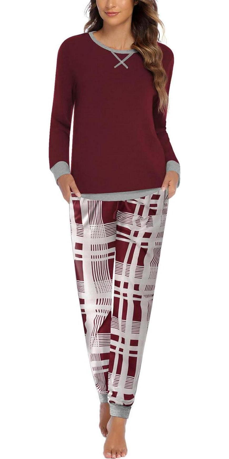 Ekouaer Pajamas Set for Women Long Sleeve Crew Neck Comfy Pjs Lounge Sets With Pockets