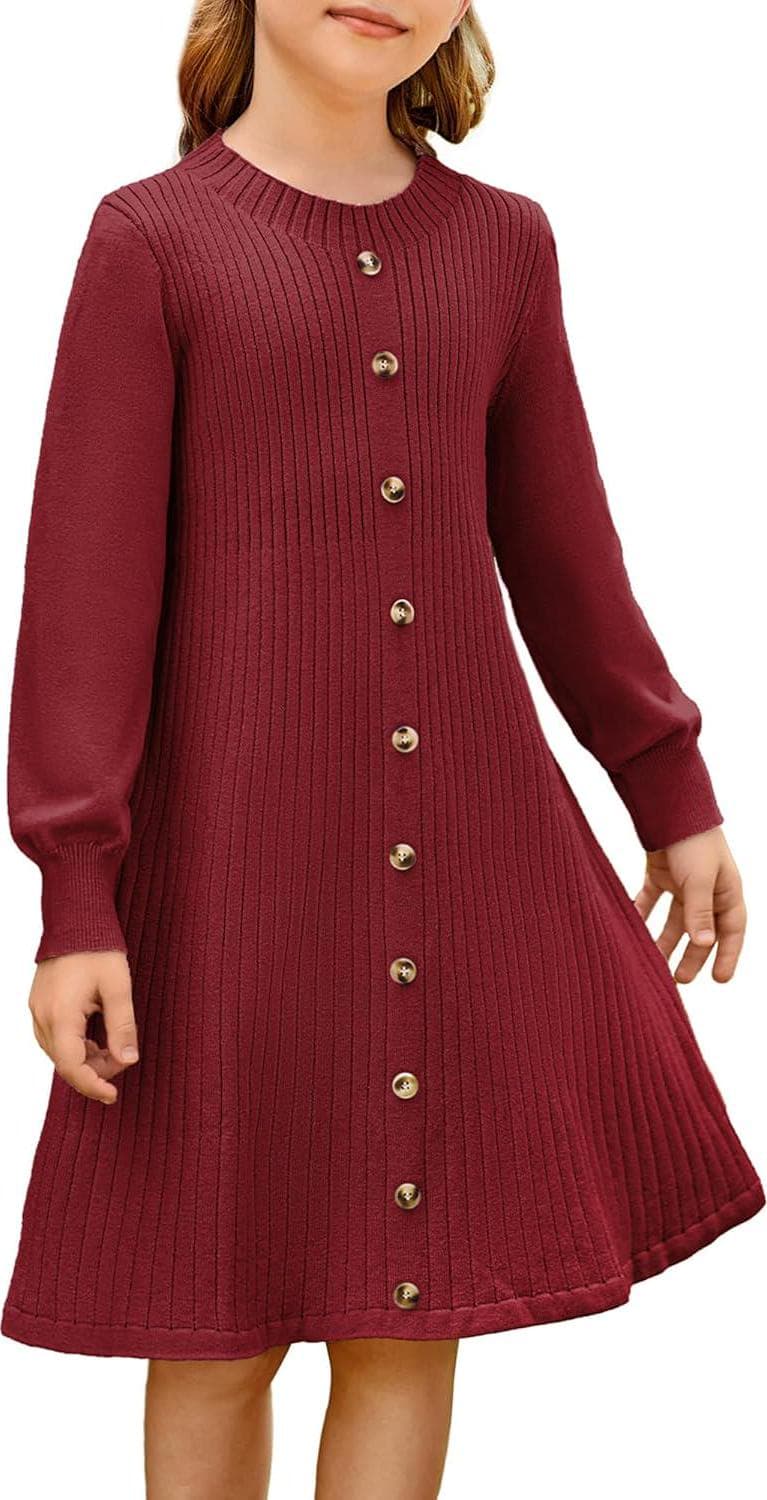 GRACE KARIN Girls Ribbed Knitted Sweater Dress Long Sleeve Casual Fall Winter Dress with Belt Size 5-14 Years