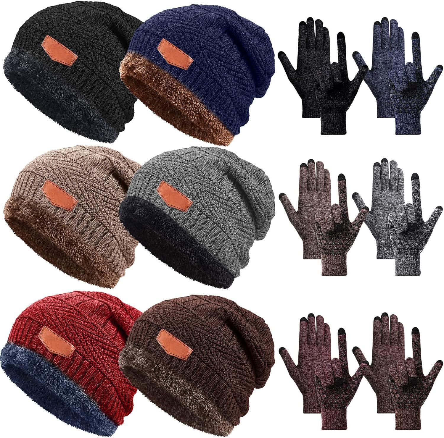 JaGely 12 Pieces Winter Beanie and Gloves Set Winter Glove and Hat Set Knit Hat Touchscreen Gloves Gift for Christmas Men Women Winter Adult Ski Hike Outdoor Indoor