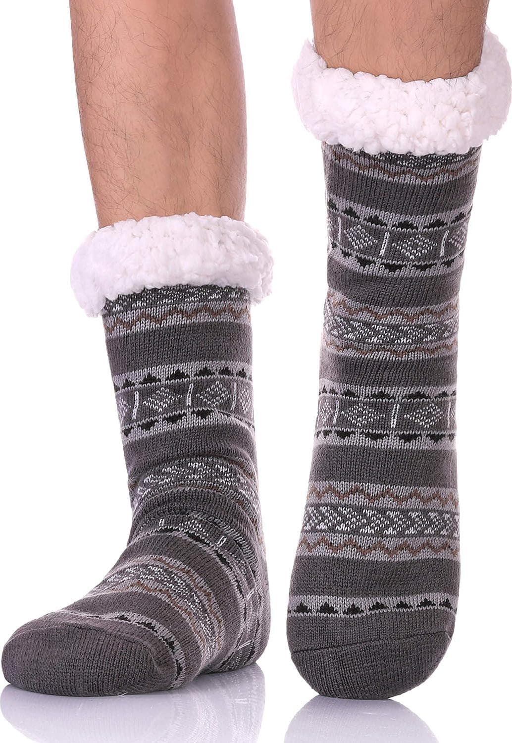 LANLEO Men’s Fuzzy Ripple Slipper Socks Super Soft Warm Fleece Lining Knit Non Slip Winter Socks