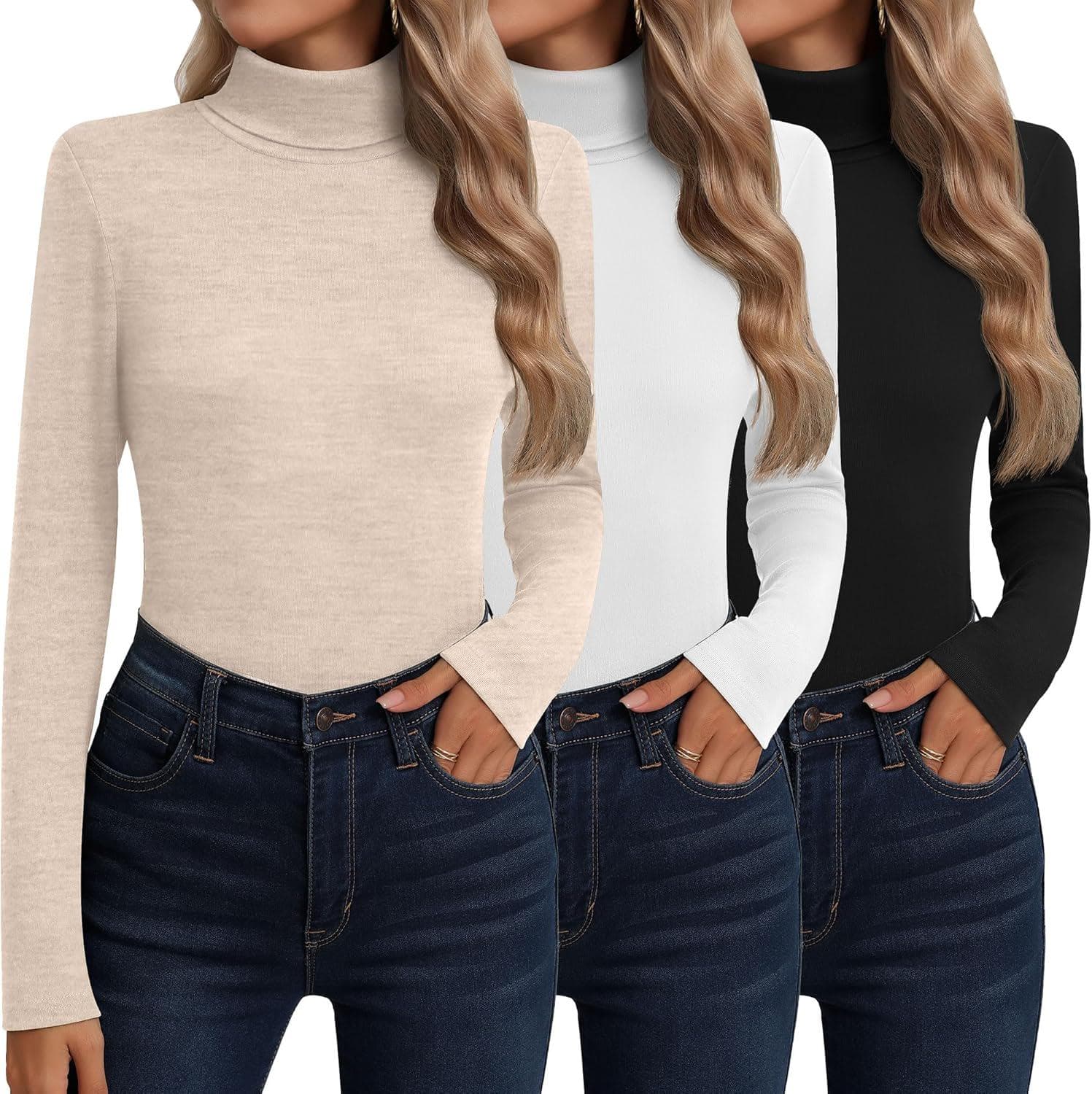 Neer 3 Pack Cotton Women’s Turtleneck Long Sleeve Tops Thermal Underwear Base Layer Fall Winter Shirts Sweater