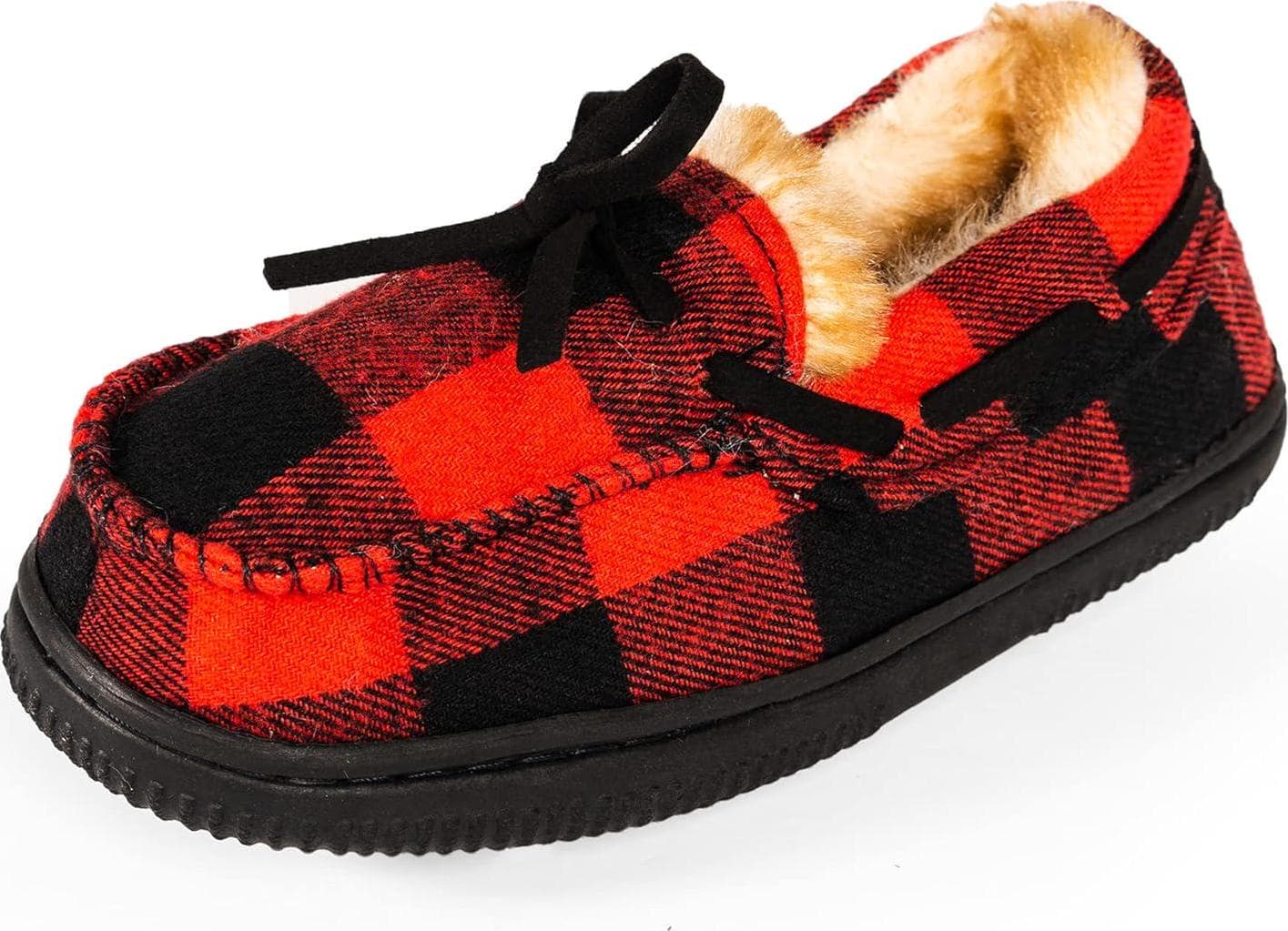 NORTY Size Fleece Buffalo Plaid Slippers for Kids- Slip-On Toddler House Shoes for Boys and Girls – Suede Sole – Runs True to Size