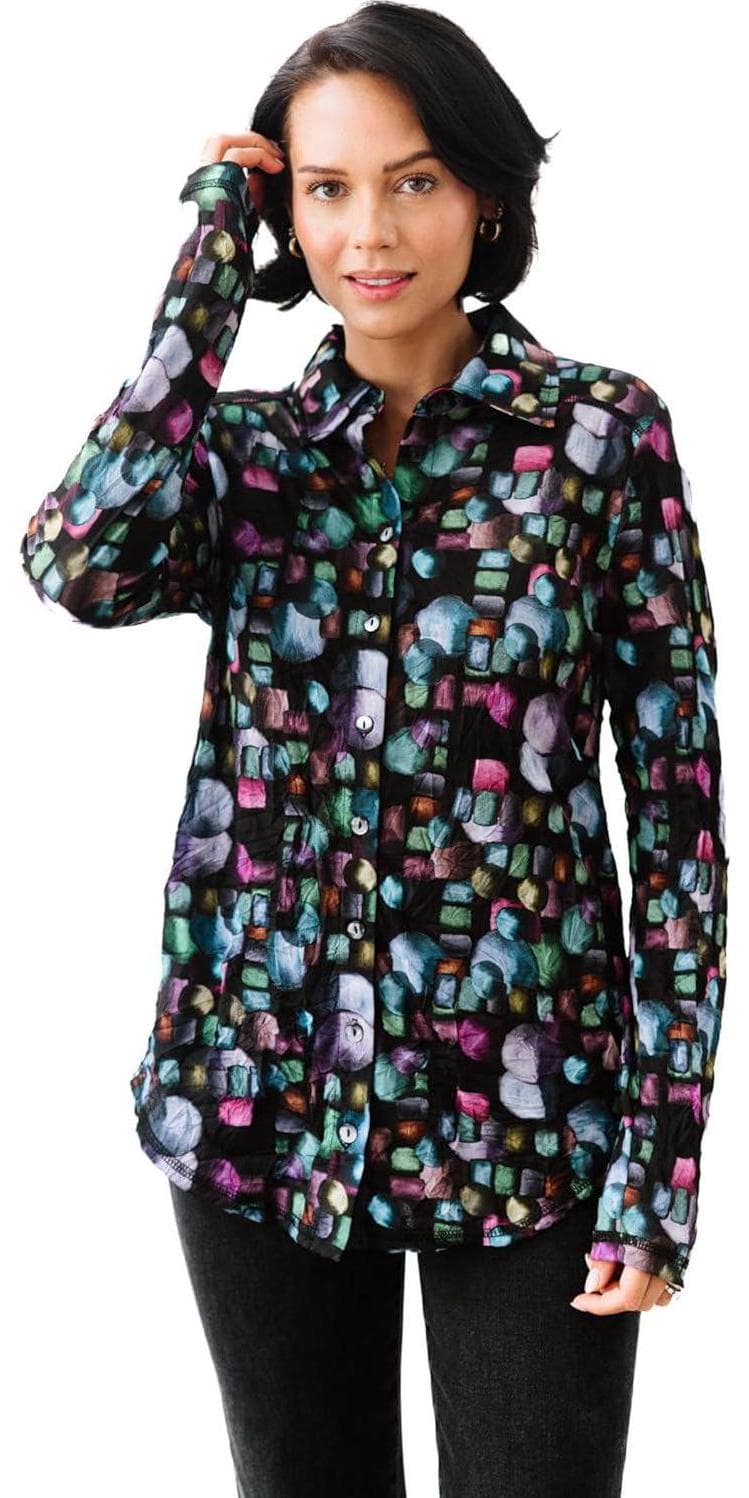 Printed Crinkle Mesh Blouse – Designer Hand-Finished Shirts for Women