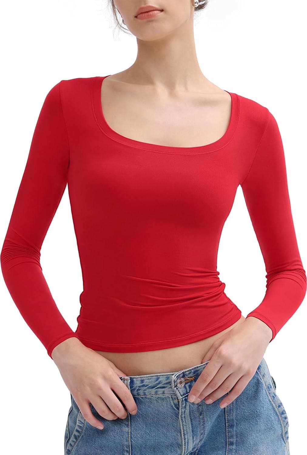 PUMIEY Women’s Long Sleeve T Shirts Scoop Neck Slim Fit Going Out Tops Double Lined Basic Tee Smoke Cloud Collection