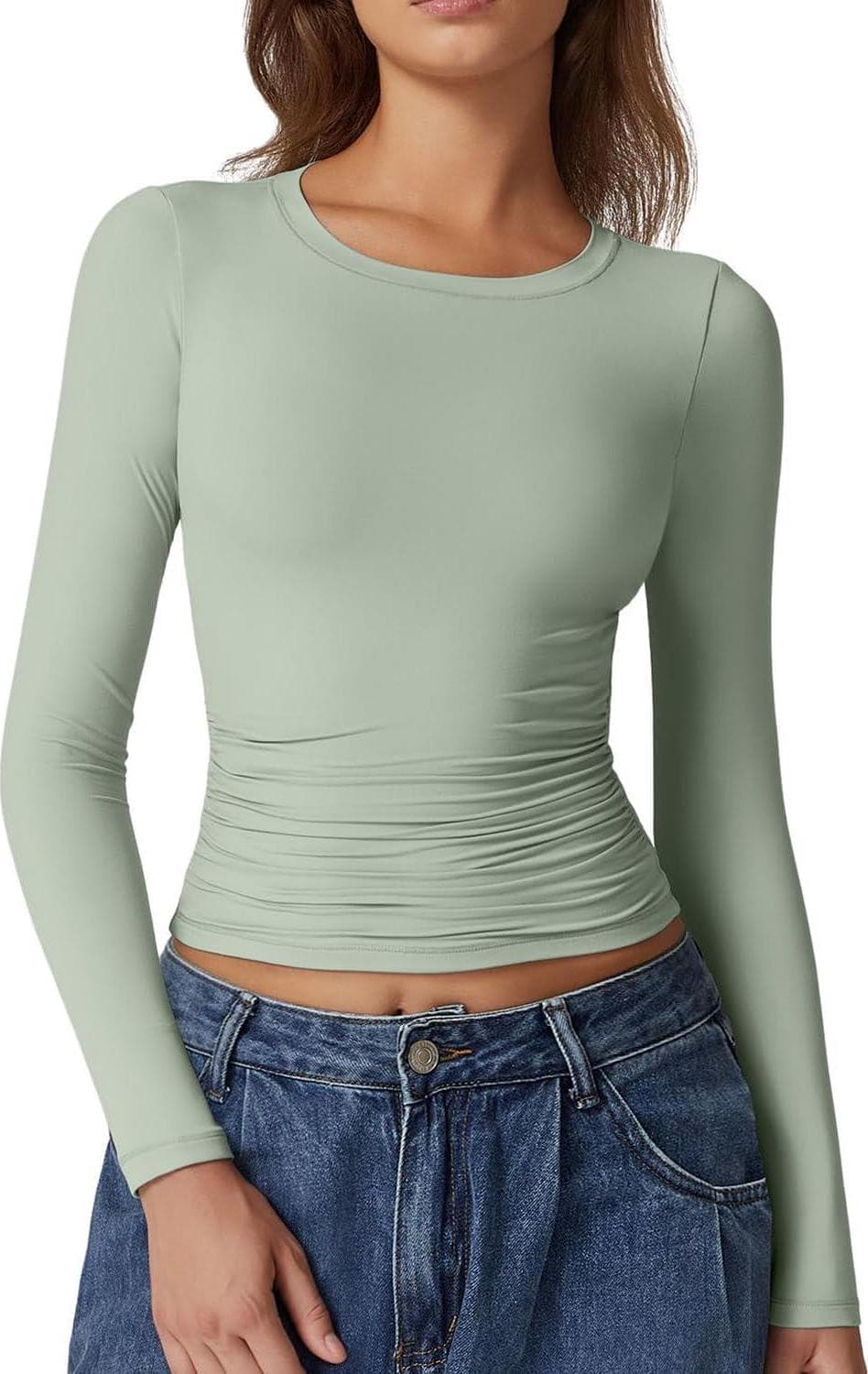 QINSEN Womens Crewneck Long Sleeve Shirt Double Lined Basic Tees Side Ruched Going Out Crop Tops