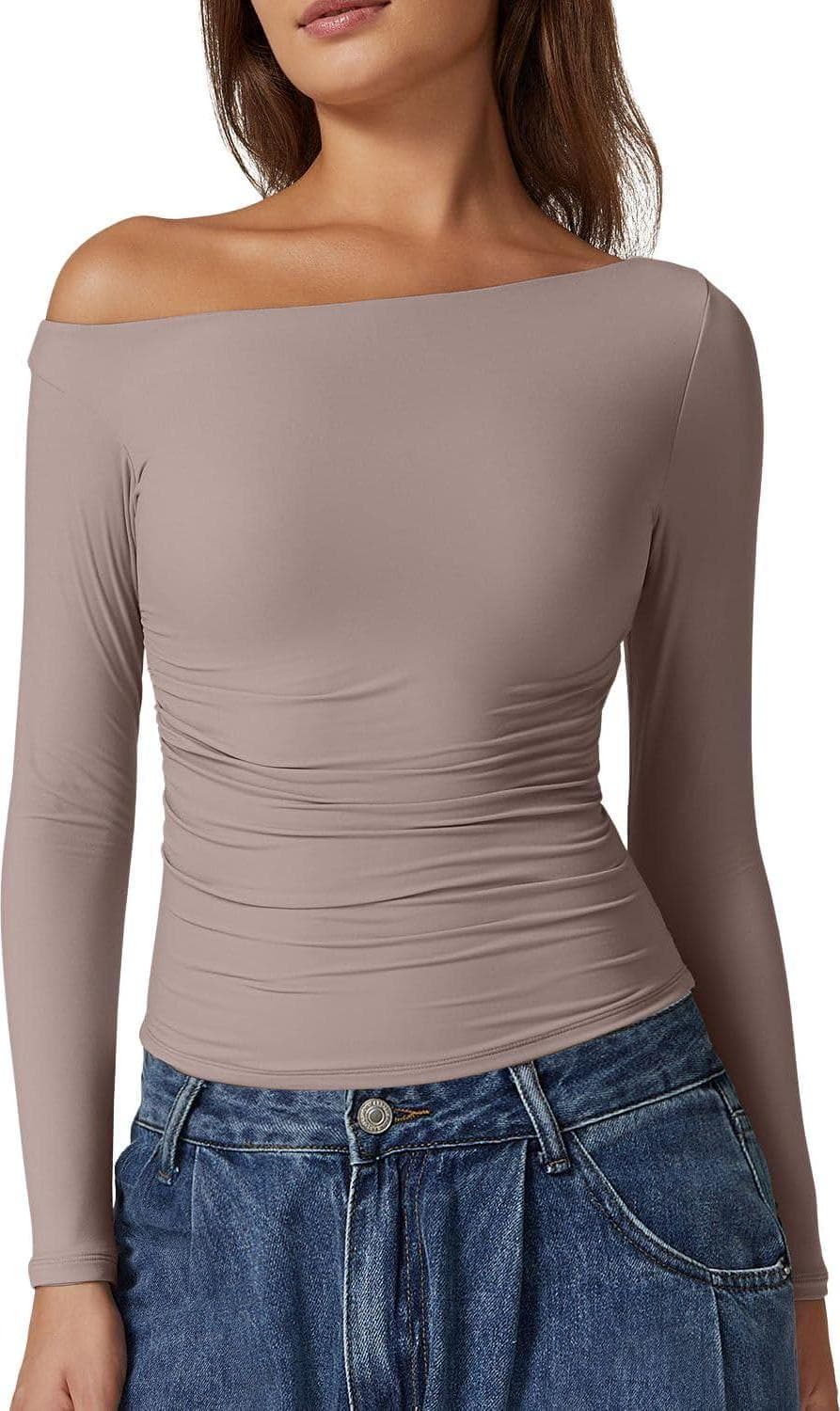 QINSEN Women’s Sexy Off Shoulder Shirt Long Sleeve Double Lined Tops Side Ruched Fitted Tees