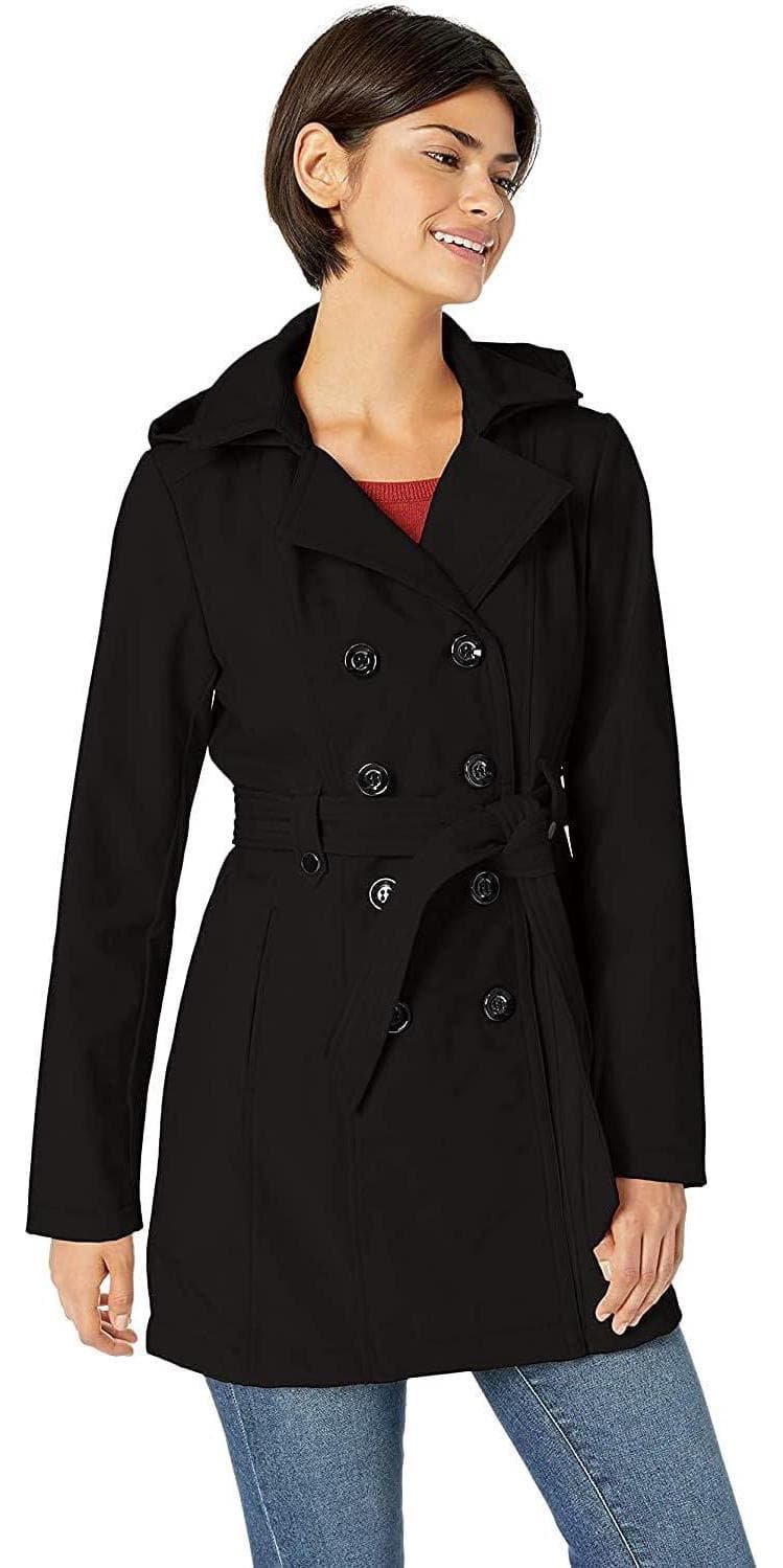 Sebby Collection Women’s Soft Shell Trench Coat with Detachable Hood