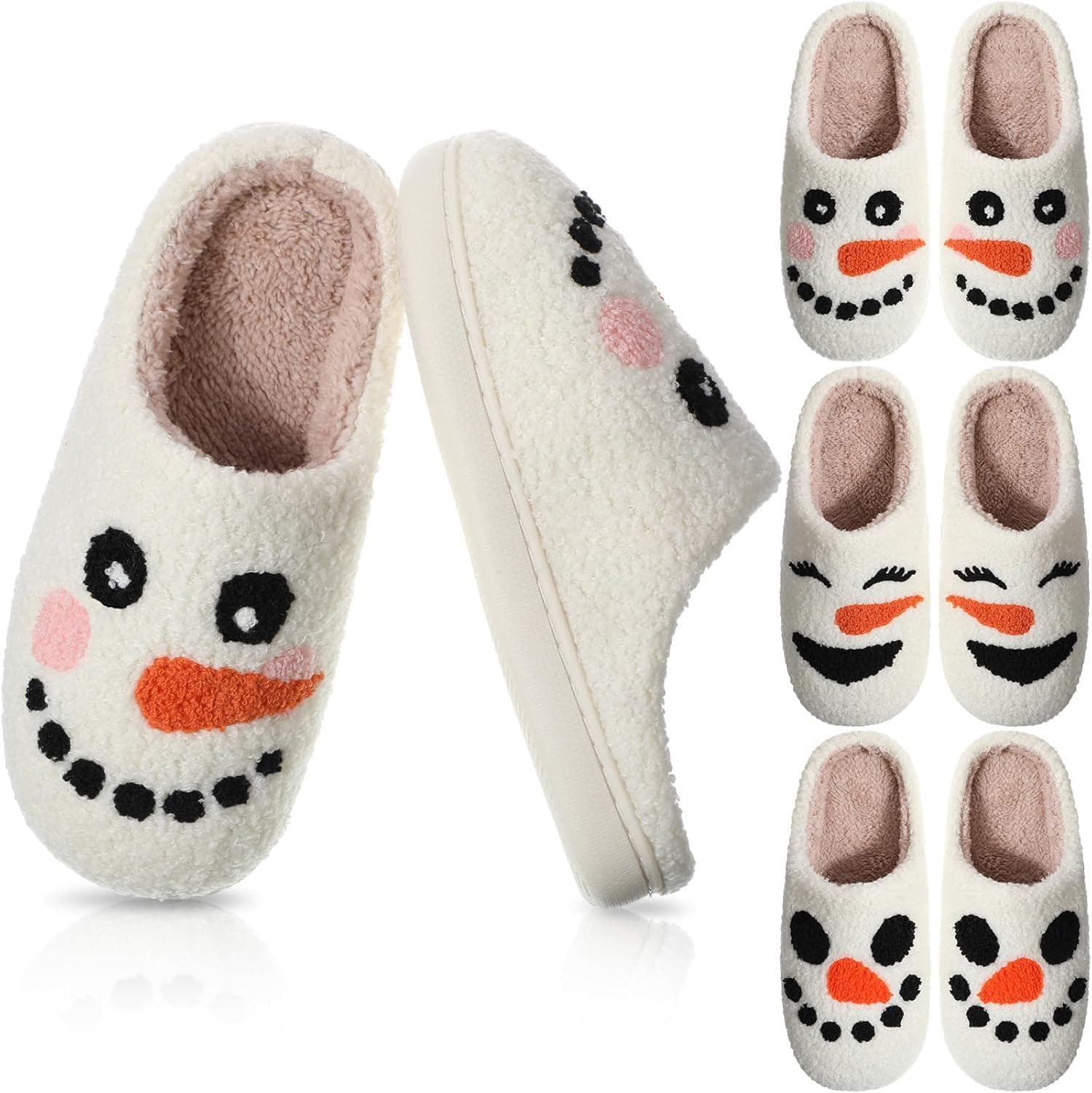 Tarpop 3 Pairs Winter Snowman Slippers Soft Plush Comfy Slippers Unisex Adult Matching Women Men Fluffy Slippers for Indoor Outdoor Household Slippers Cloud Slip On Slippers