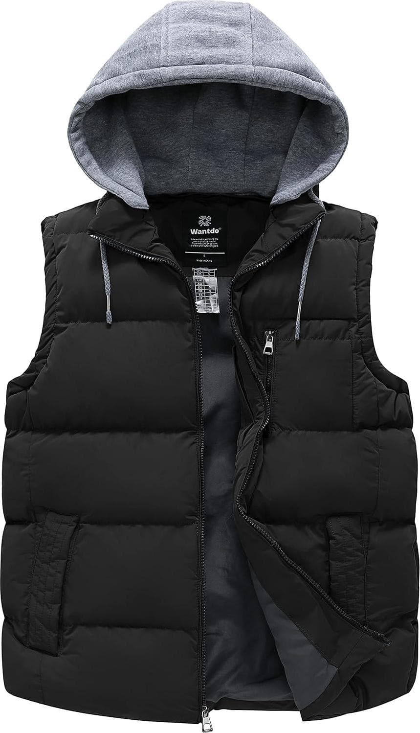 wantdo Men’s Quilted Winter Vest Thicken Sleeveless Jacket with Detachable Hood