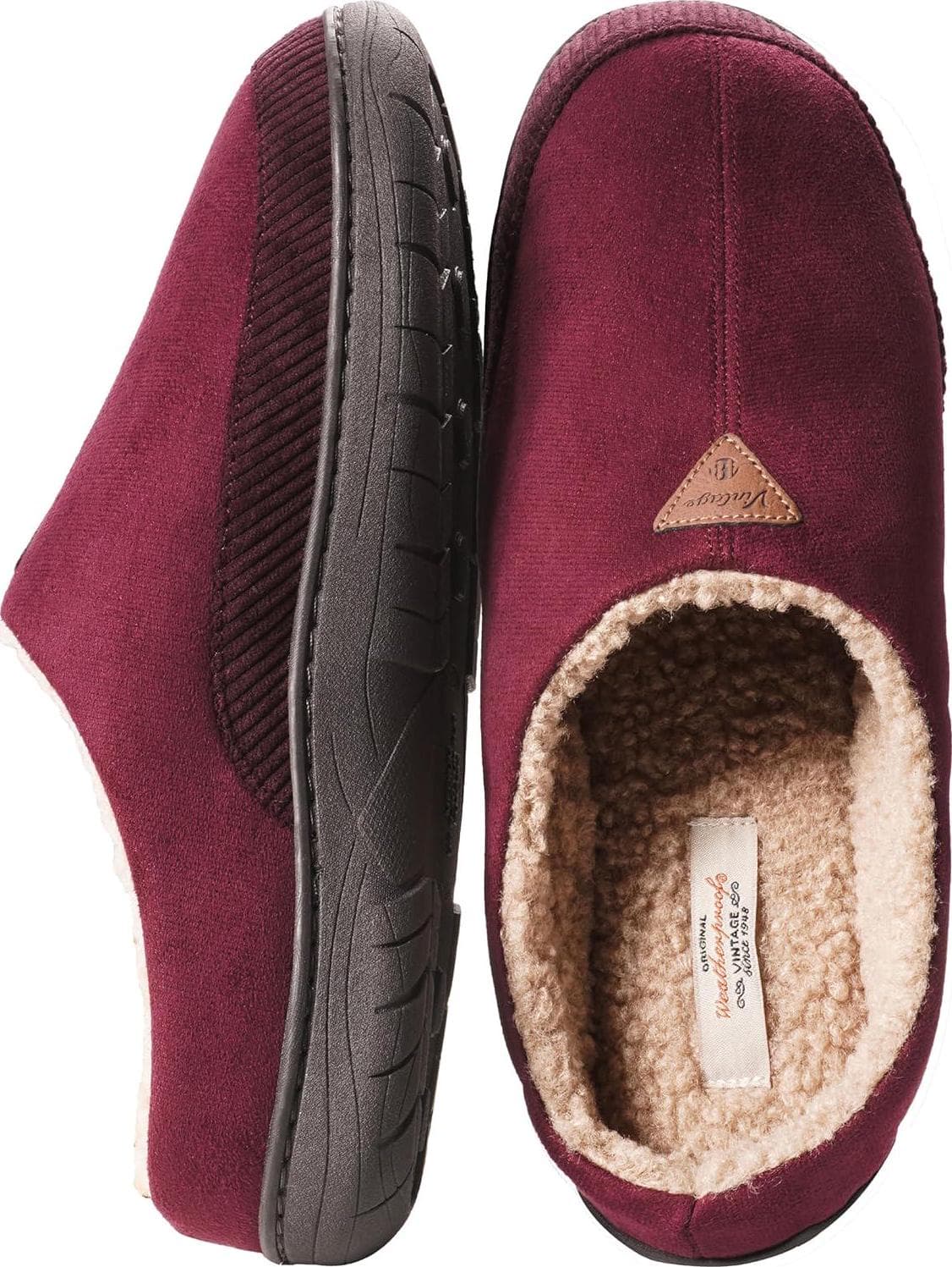Weatherproof Vintage Memory Foam Men’s Slippers with Curly Faux Shearling Lining and Sock, Durable Indoor and Outdoor House Slippers for Mens