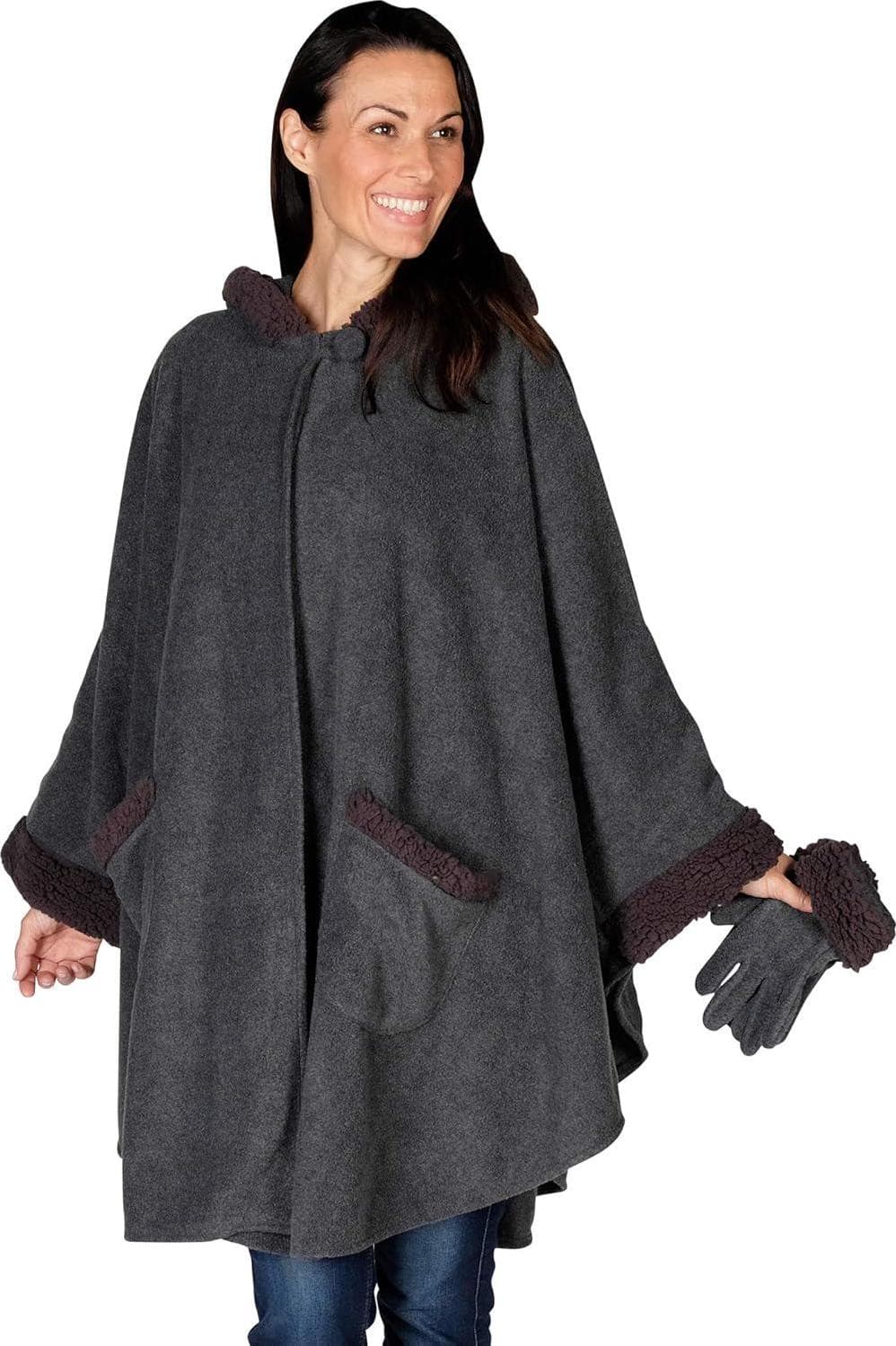Women s Hooded Tonal Sherpa Trimmed Wrap with Matching Gloves | Winter Collection | One Size Fits All