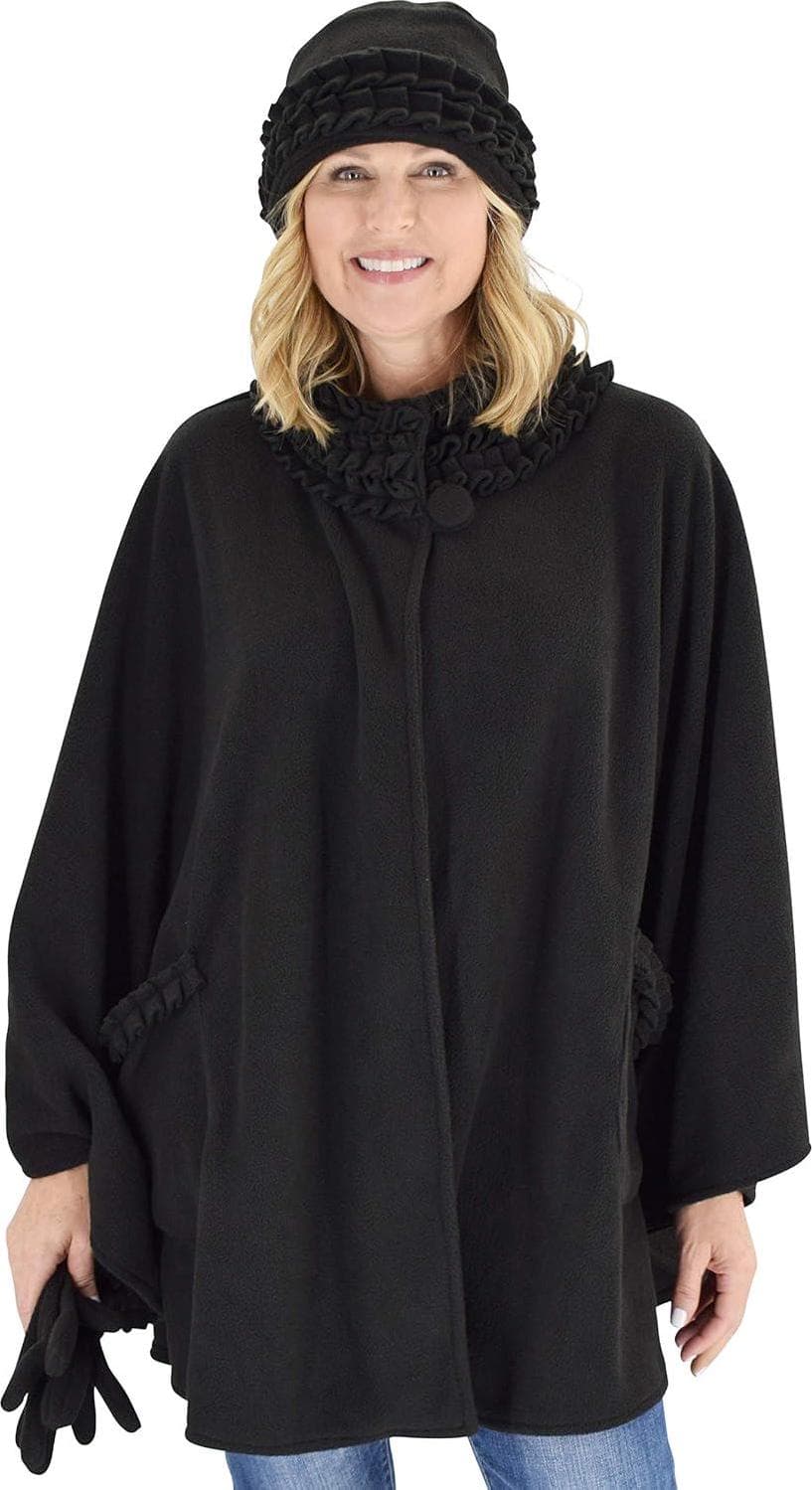 Women’s Ruffle Trim Polar Fleece Wrap with Matching Gloves and Hat | Winter Collection | One Size Fits All