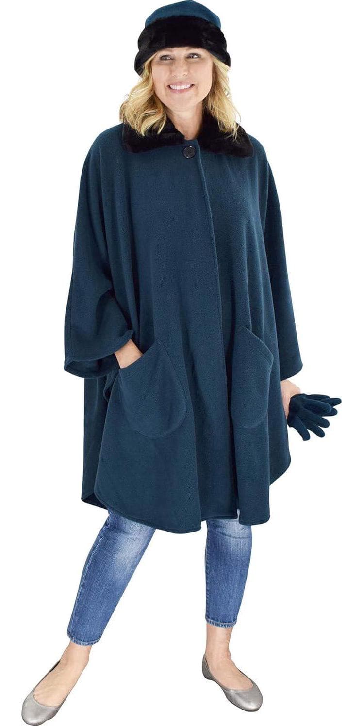 Women’s Sherpa Trim Polar Fleece Wrap with Matching Gloves and Hat | Winter Collection | One Size Fits All